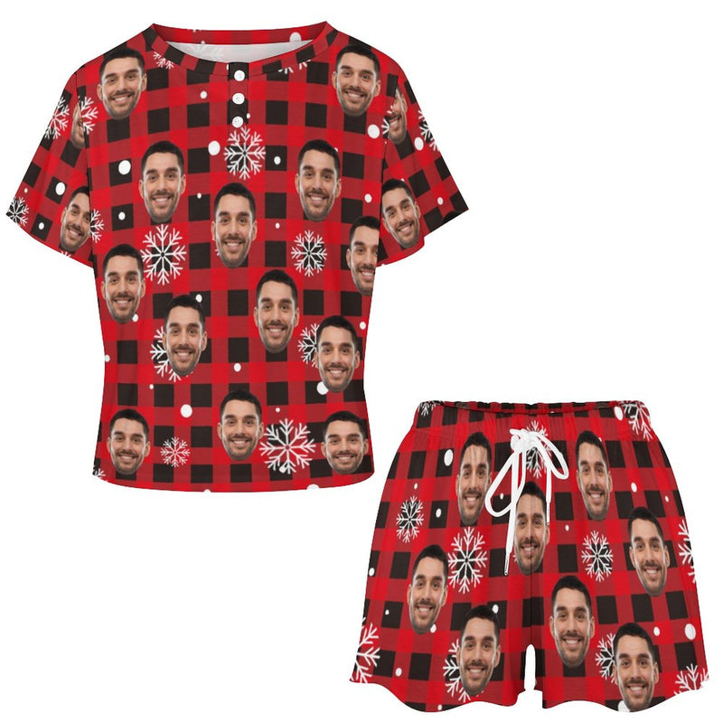 Custom Face Snowflake&Plaid Red Print Pajama Set Women's Short Sleeve Top and Shorts Loungewear Athletic Tracksuits