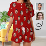 Custom Face Couple Red Print Pajama Set Women's Short Sleeve Top and Shorts Loungewear Athletic Tracksuits