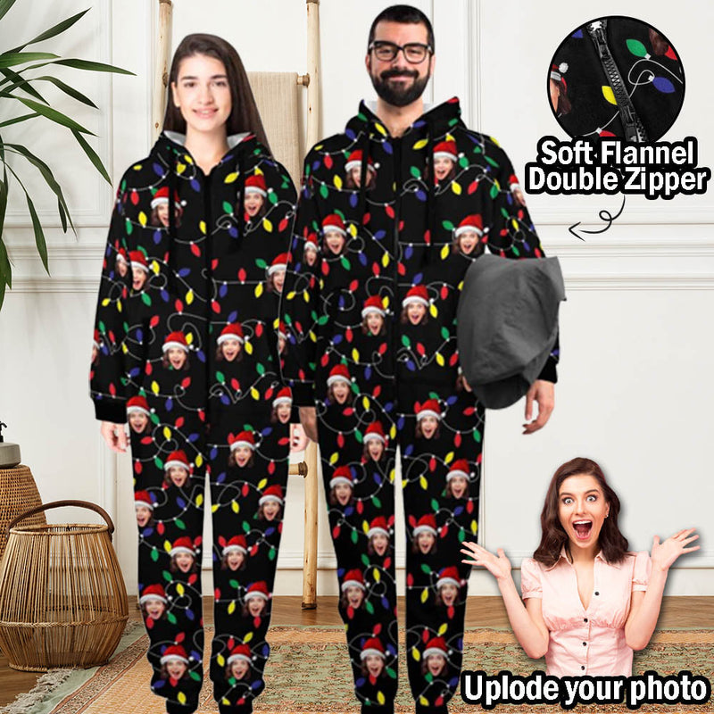 Custom Face Christmas Lights Onesie Pajamas Flannel Fleece Adult Jumpsuit Homewear