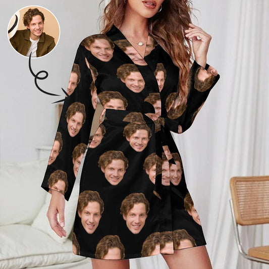 Custom Face Boyfriend Black Women's Nightwear Personalized Photo Pajamas Kimono Robe