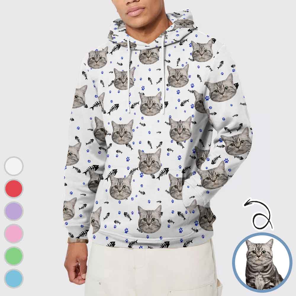 Custom Pet Face Cat Paw & Fish Bone Multicolor Men's Pullover Hoodie