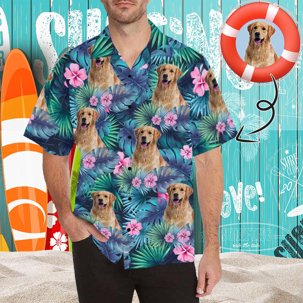 Custom Pet's Face Leaves Men's All Over Print Hawaiian Shirt, Personalized Aloha Shirt With Photo Summer Beach Party As Gift for Vacation