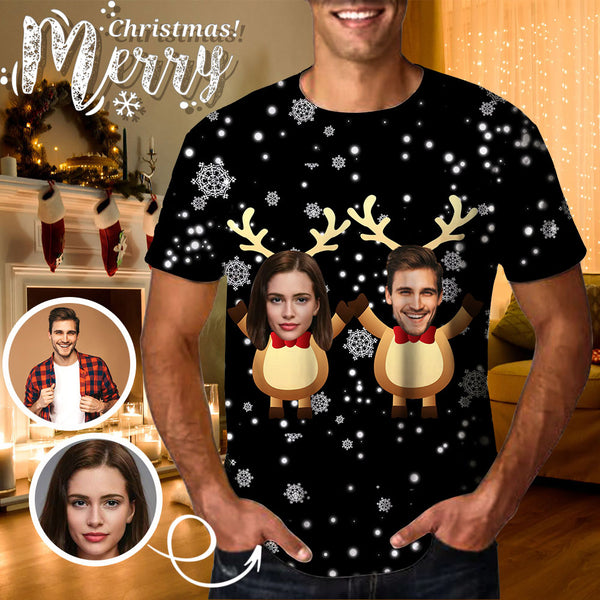 Custom Face Christmas Deer Tee Put Your Photo on Shirt Unique Design Men's All Over Print T-shirt