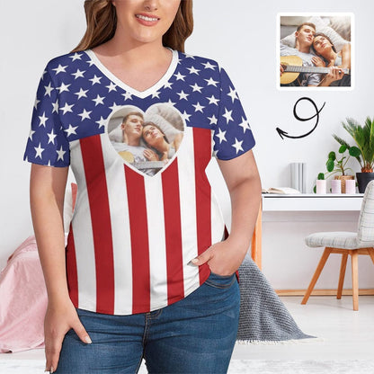 #Plus Size T-shirt-Custom Photo Flag Star Plus Size V Neck T-shirt for Her Design Your Own Shirt Gift