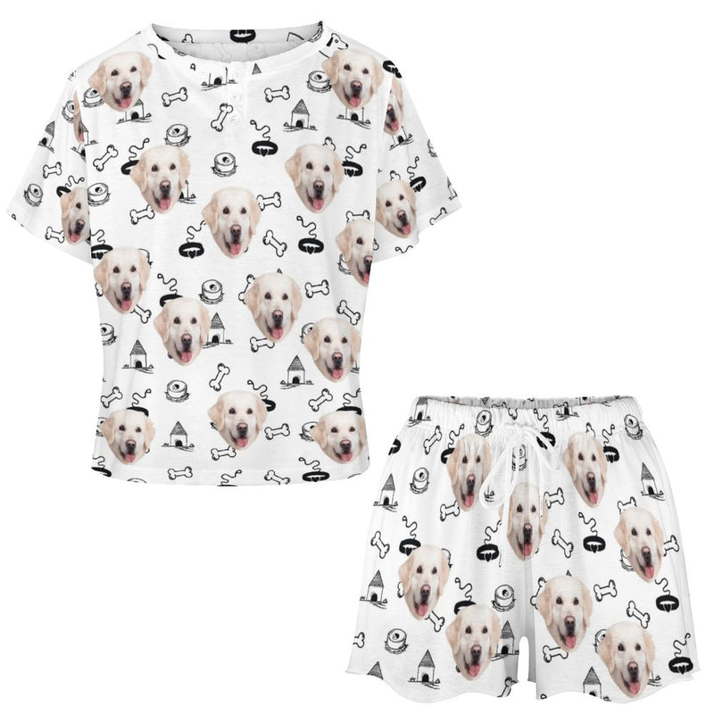 Custom Face Pet Bone Black&White Print Pajama Set Women's Short Sleeve Top and Shorts Loungewear Athletic Tracksuits