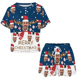 Custom Face Christmas Hat&Deer Horn Print Pajama Set Women's Short Sleeve Top and Shorts Loungewear Athletic Tracksuits