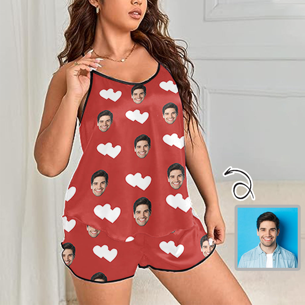 Custom Face Love Red Women's Sexy Cami Pajama Personalized Sleepwear Set Honeymoon Gift for Her