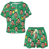 Custom Face Christmas Tree&Gift Print Pajama Set Women's Short Sleeve Top and Shorts Loungewear Athletic Tracksuits