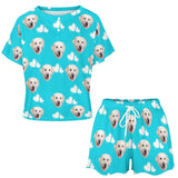 Custom Face Cute Dog White Heart Blue Print Pajama Set Women's Short Sleeve Top and Shorts Loungewear Athletic Tracksuits