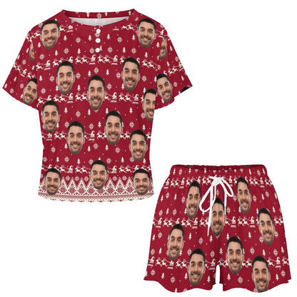 Custom Face Christmas Elk&Snowflake Red Print Pajama Set Women's Short Sleeve Top and Shorts Loungewear Athletic Tracksuits