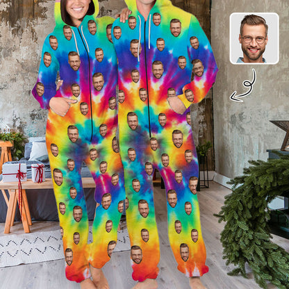 Personalized Adults Zip Onesie Custom Face Tie-dye Unisex Hooded Onesie with Pocket Jumpsuits One-piece Pajamas