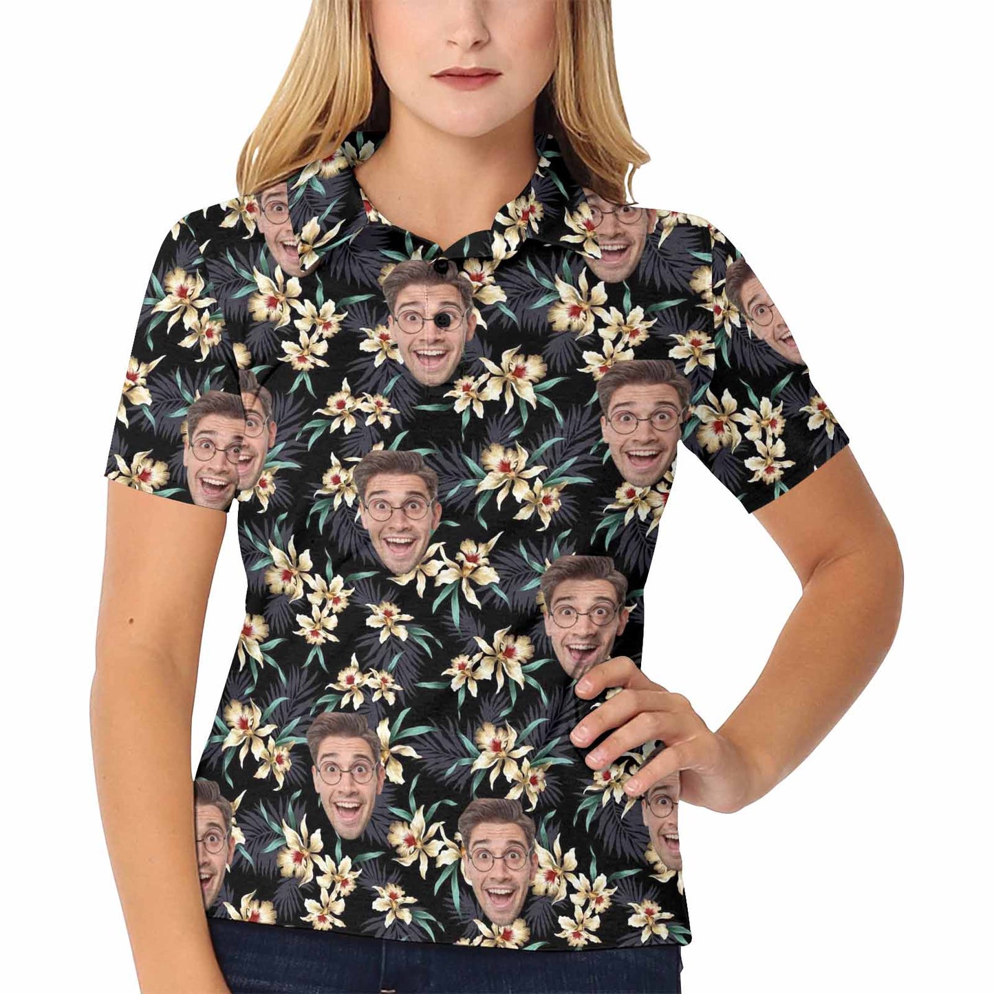 Custom Face Yellow Dendrobium Polo Shirt, Personlized Shirt For Women, Photo Women's All Over Print Polo Shirt