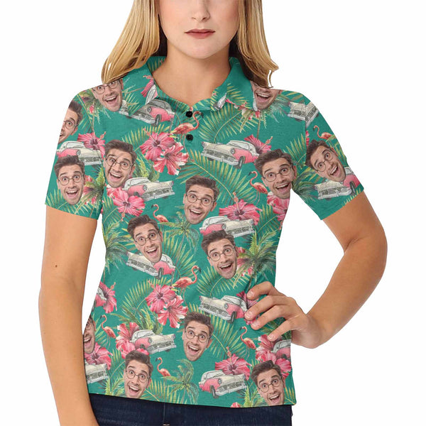 Custom Face Green Flamingo Polo Shirt, Personalized Shirt for Women, Photo Women's All Over Print Polo Shirt