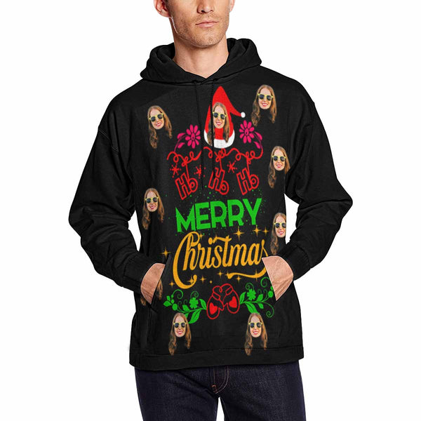 Printing Full Merry Christmas Hoodie with Face, Custom Men's All Over Print Hoodie Surprise Gifts for Dad Husband Boyfriend