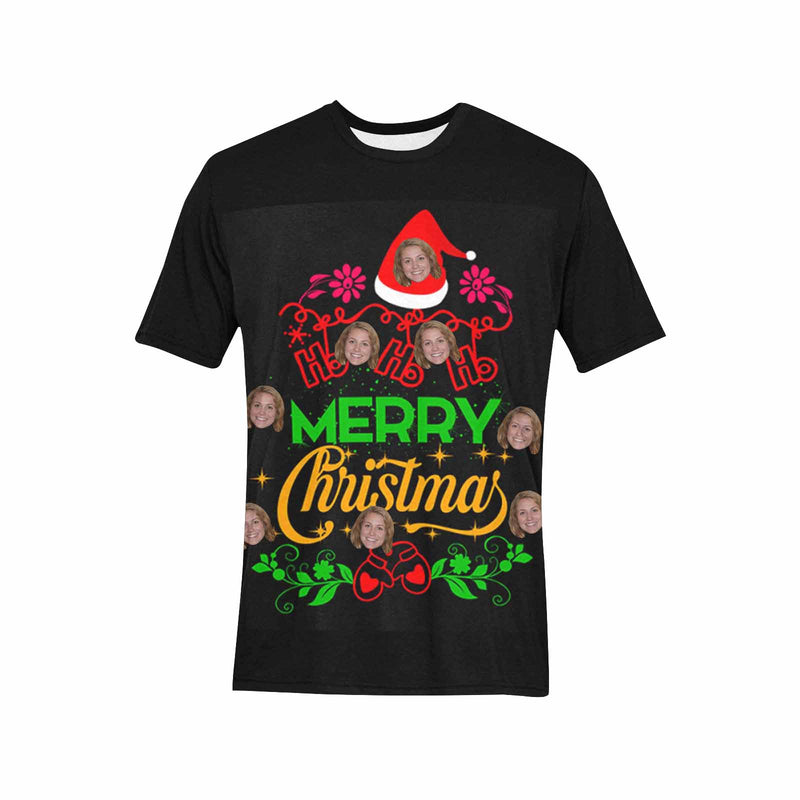 Custom Face Merry Christmas&Wreath Tee Put Your Photo on Shirt Unique Design Men's All Over Print T-shirt