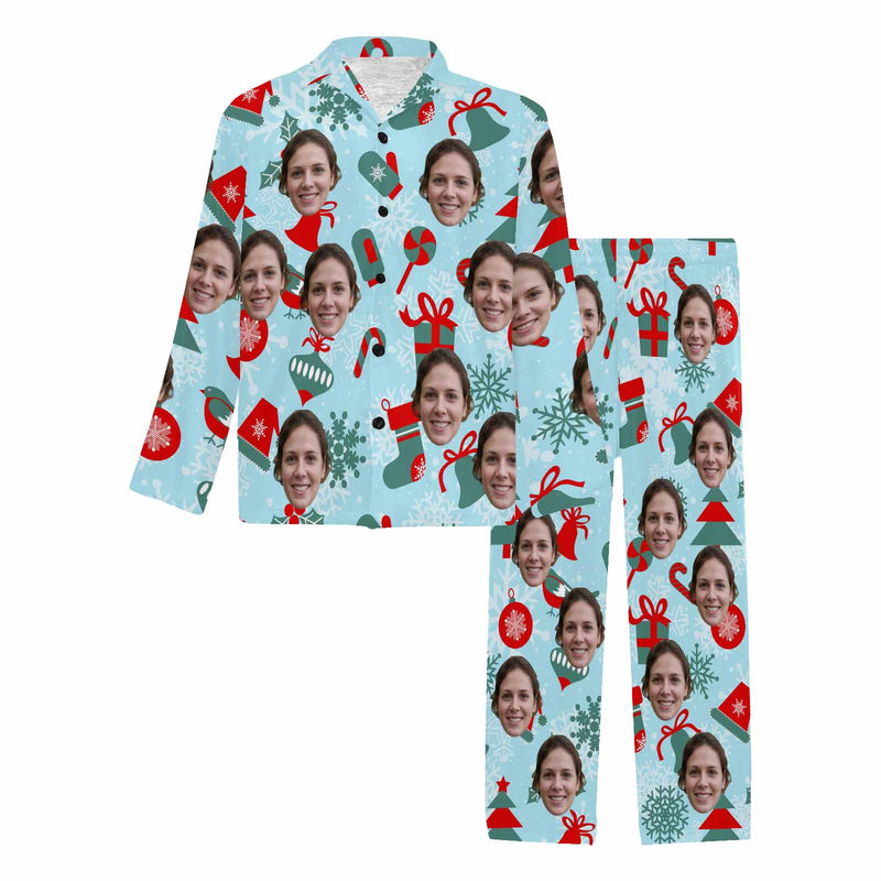 Custom Face Pajamas Red&Green Bell&Gift Sleepwear Personalized Men's Long Pajama Set