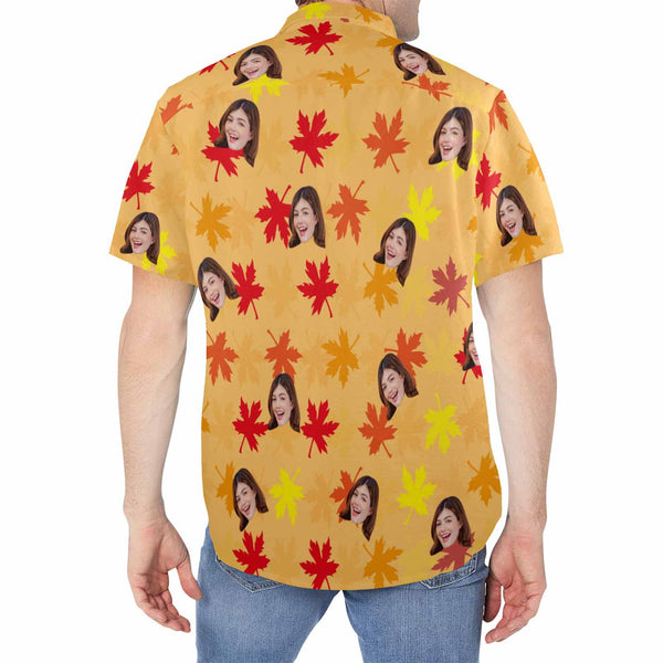 Custom Face Maple Leaf Print Men's Crinkle Thin Hawaiian Shirt