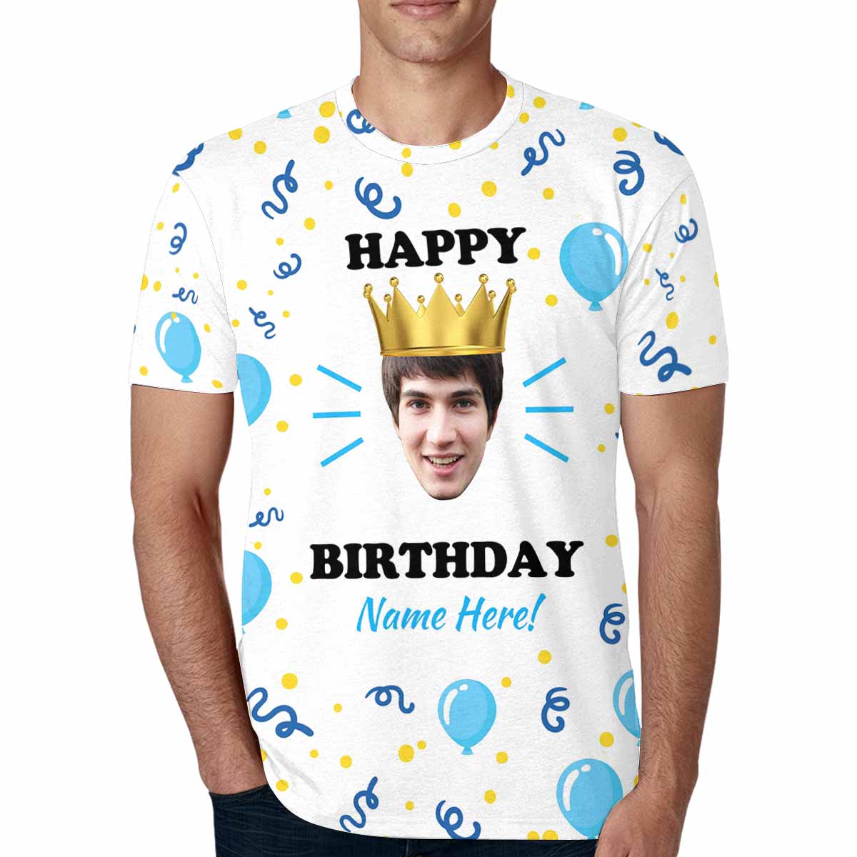 Custom Face&Name Happy Birthday Crown Tee Put Your Photo on Shirt Unique Design Men's All Over Print T-shirt