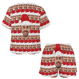 Custom Face Seamless Christmas Hat Print Pajama Set Women's Short Sleeve Top and Shorts Loungewear Athletic Tracksuits