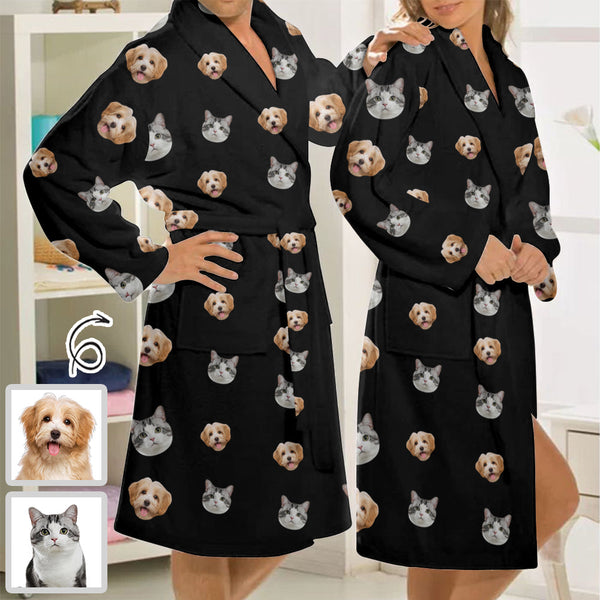 Custom Face Fleece Robe Black Personalized Pajama Kimono Robe for Men&Women