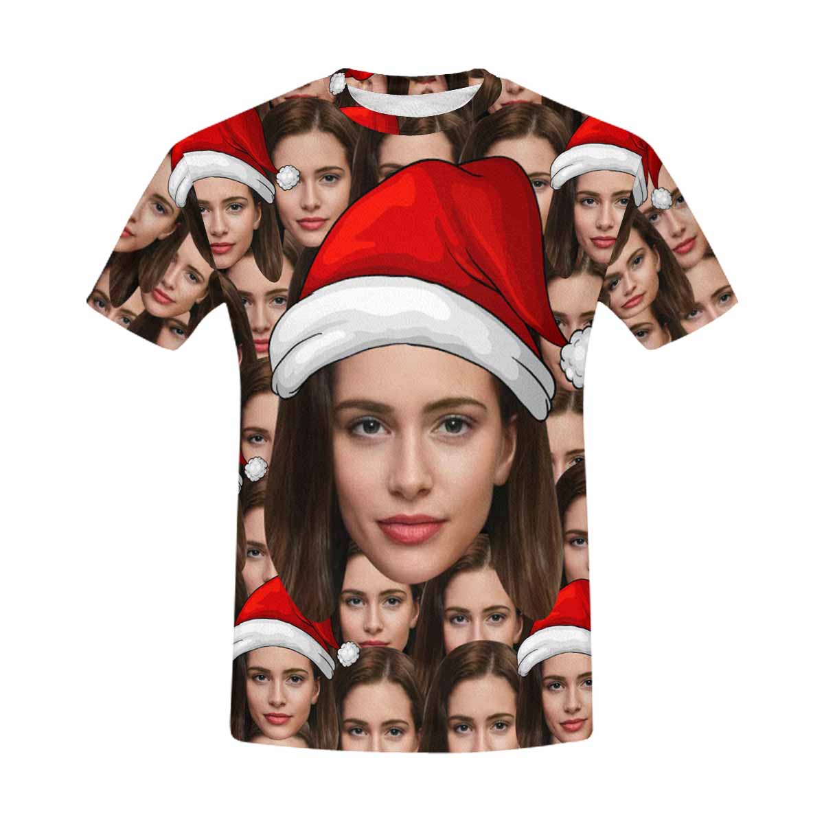 Custom Face Red Christmas Hat Tee Put Your Photo on Shirt Unique Design Men's All Over Print T-shirt