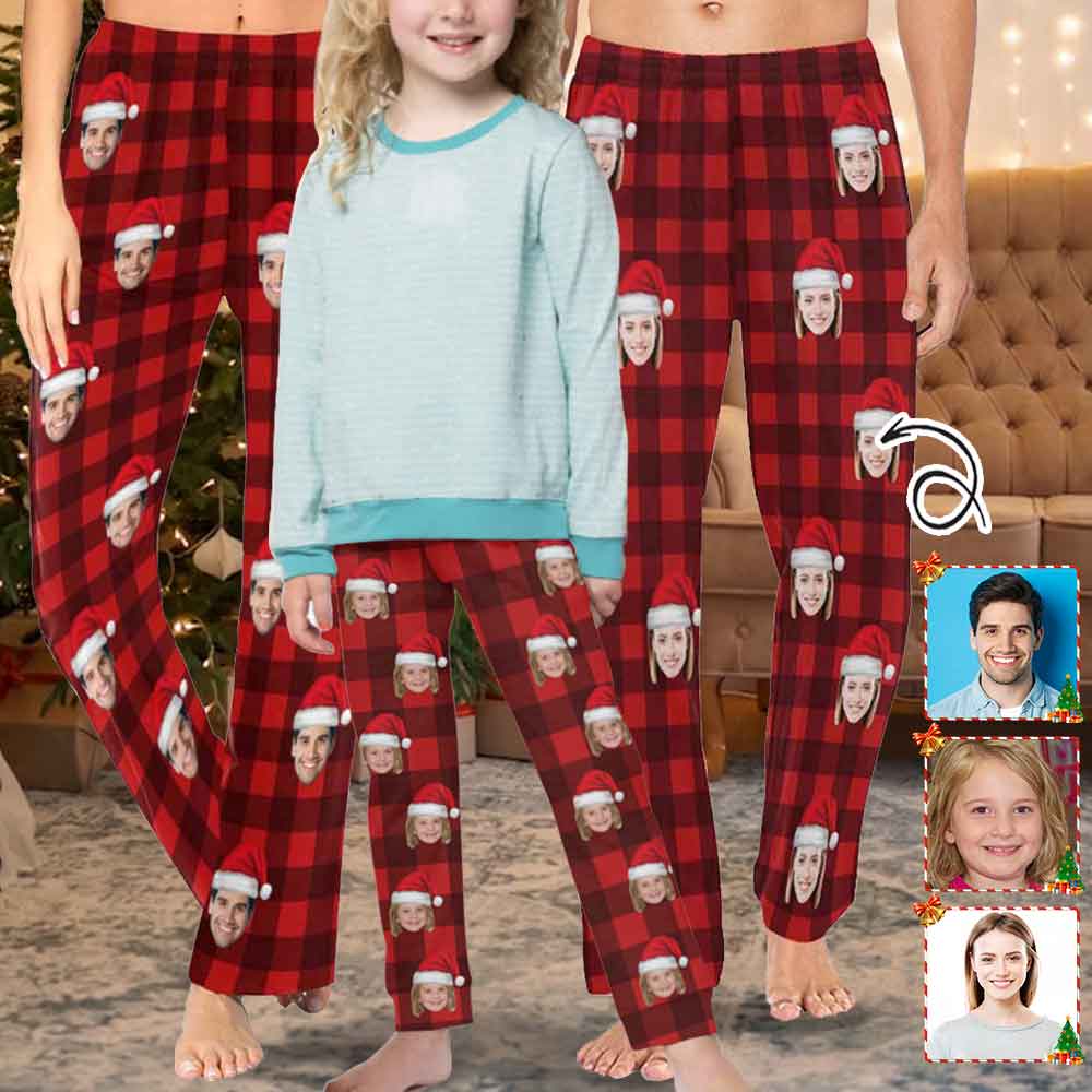 Personalized Long Pajama Pants for Men&Women Custom Face Red Plaid Sleepwear Slumber Party