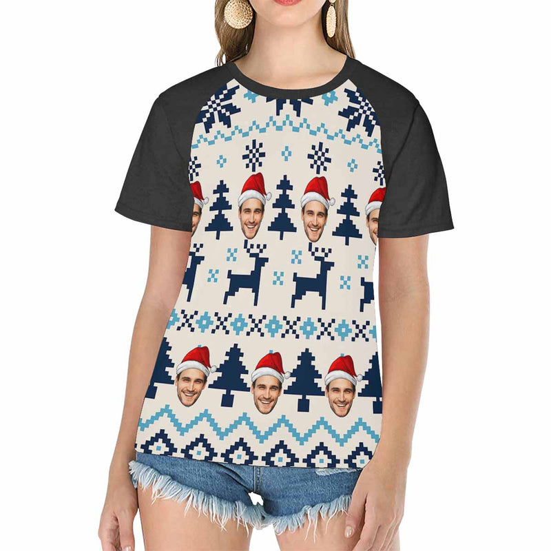 Custom Face Christmas Elk and Tree Women's All Over Print T-shirt