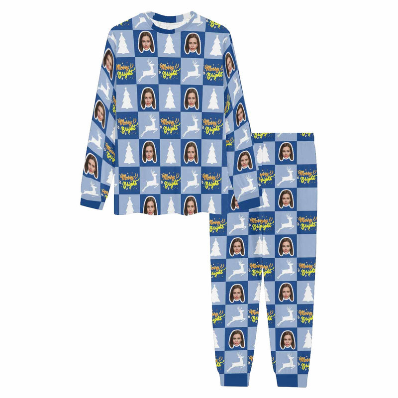 Custom Face Christmas Tree and Elk Blue Grids Men's Long Pajama Set