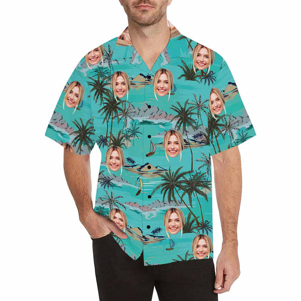 Custom Face Coconut Tree Green Men's All Over Print Hawaiian Shirt, Personalized Aloha Shirt With Photo Summer Beach Party As Gift for Vacation