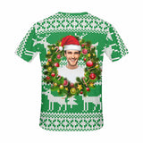 Custom Face Christmas Hat Wreath Green Women's All Over Print T-shirt