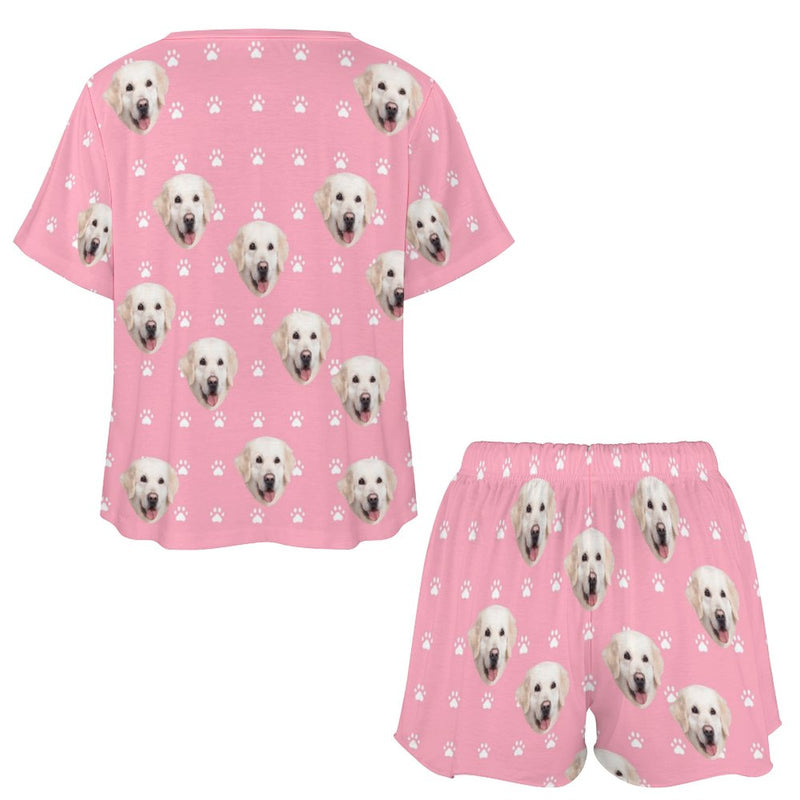 Custom Face Lovely Dog Pink Print Pajama Set Women's Short Sleeve Top and Shorts Loungewear Athletic Tracksuits