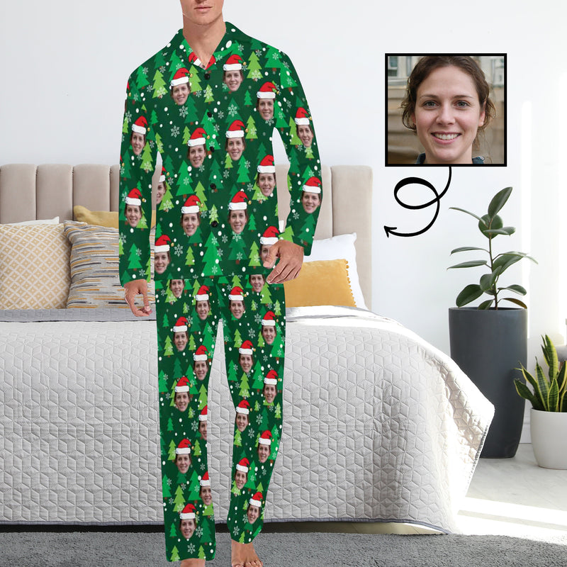 Custom Face Pajamas Christmas Tree Green Sleepwear Personalized Men's Long Pajama Set