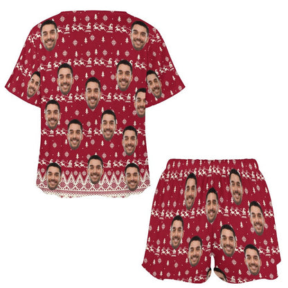 Custom Face Christmas Elk&Snowflake Red Print Pajama Set Women's Short Sleeve Top and Shorts Loungewear Athletic Tracksuits