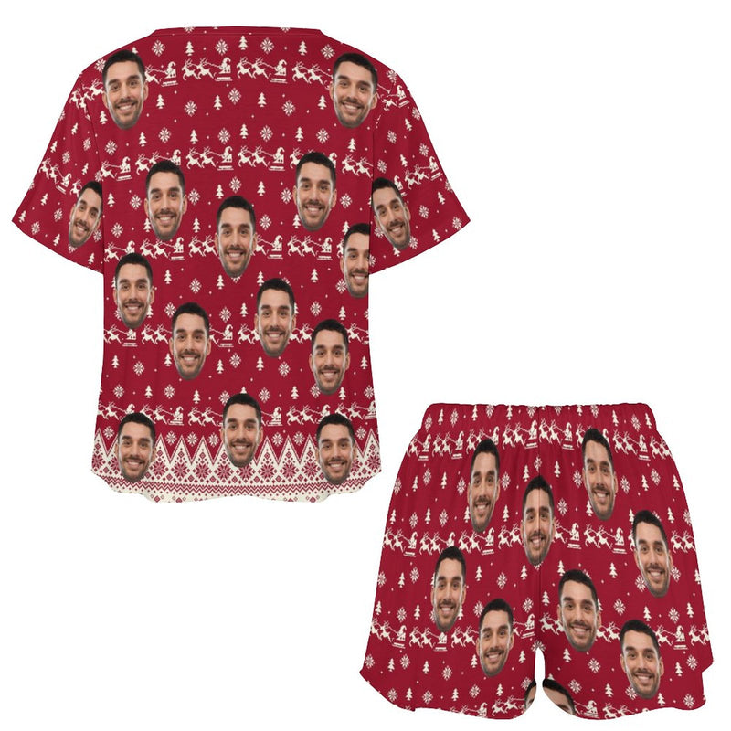 Custom Face Christmas Elk&Snowflake Red Print Pajama Set Women's Short Sleeve Top and Shorts Loungewear Athletic Tracksuits