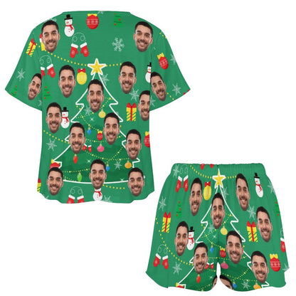 Custom Face Christmas Tree&Gift Print Pajama Set Women's Short Sleeve Top and Shorts Loungewear Athletic Tracksuits