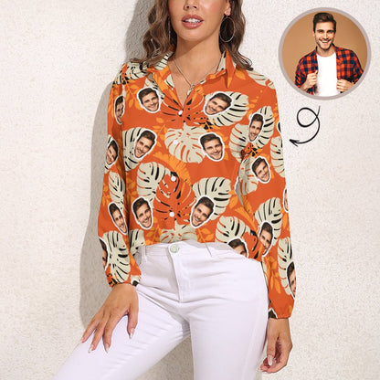 Custom Face Orange Background Leaves Vntage Casual Long Sleeve Hawaiian Shirts