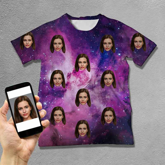 Custom Face Purple Starry Sky Tee Put Your Photo on Shirt Unique Design Men's All Over Print T-shirt