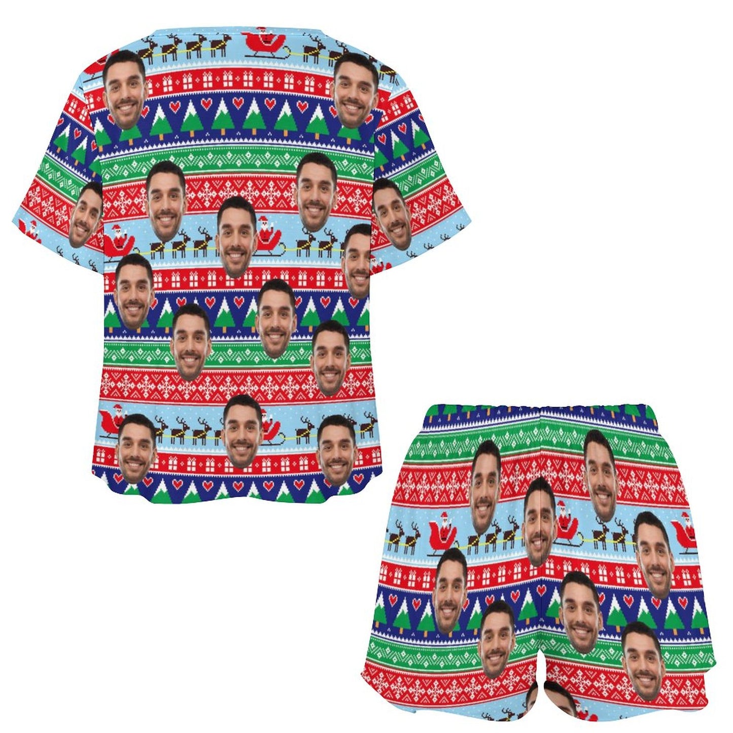 Custom Face Colorful Christmas Print Pajama Set Women's Short Sleeve Top and Shorts Loungewear Athletic Tracksuits