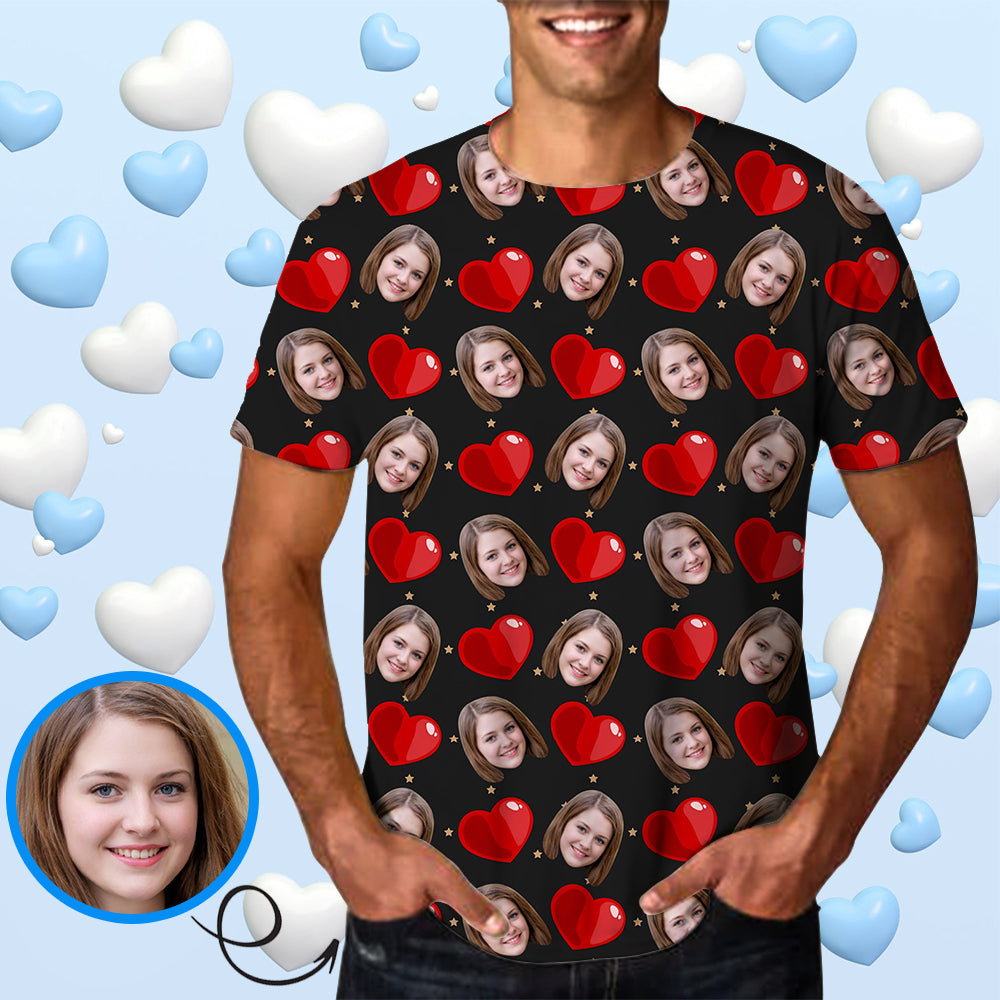 Custom Face Red Love Shape Tee Put Your Photo on Shirt Unique Design Men's All Over Print T-shirt