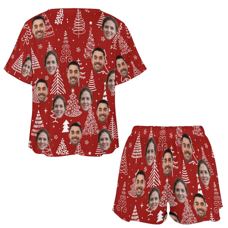 Custom Face Line Christmas Tress Red Print Pajama Set Women's Short Sleeve Top and Shorts Loungewear Athletic Tracksuits