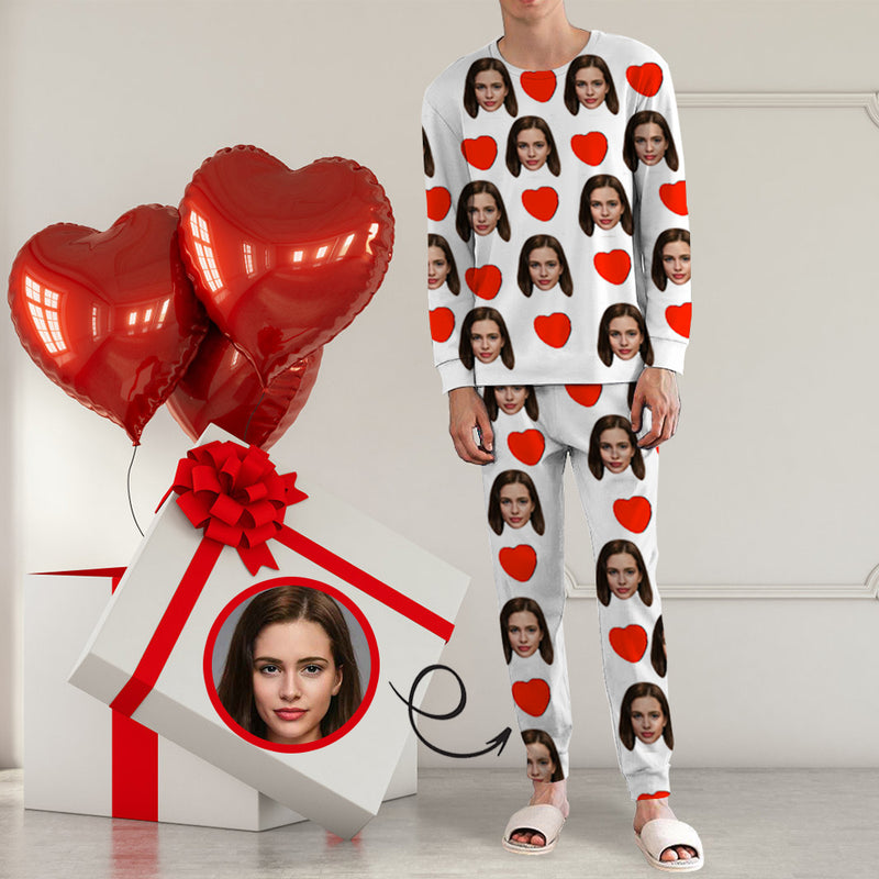 Custom Face Love Heart Girlfriend White Men's Long Pajama Set