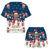 Custom Face Christmas Hat&Deer Horn Print Pajama Set Women's Short Sleeve Top and Shorts Loungewear Athletic Tracksuits
