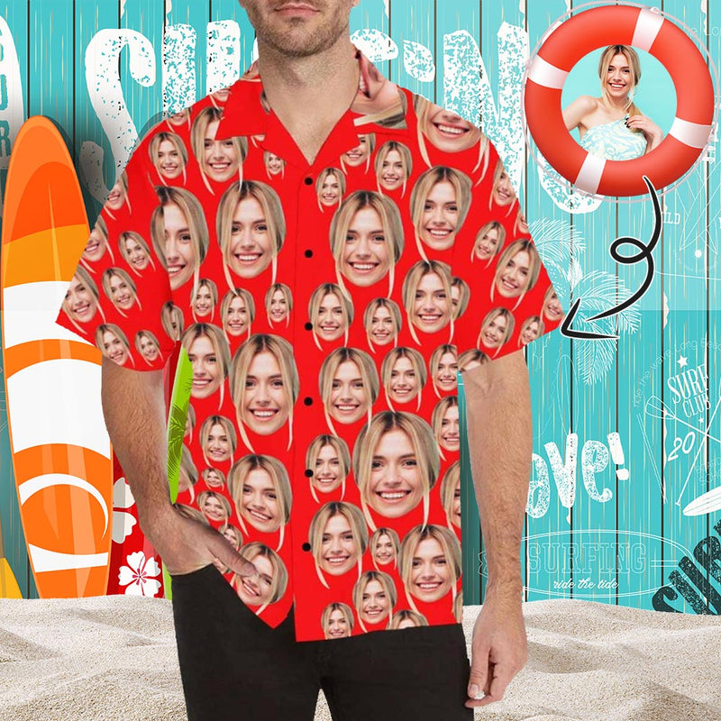 Custom Face Red Men's All Over Print Hawaiian Shirt, Personalized Aloha Shirt With Photo Summer Beach Party As Gift for Vacation
