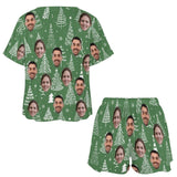 Custom Face Couple Line Chrismas Tree Green Print Pajama Set Women's Short Sleeve Top and Shorts Loungewear Athletic Tracksuits