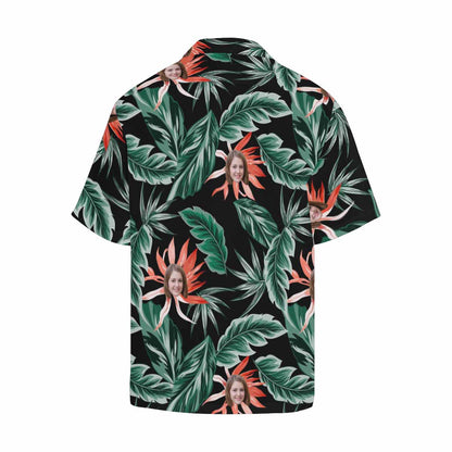 Custom Face Red Flowers Green Leaves Men's All Over Print Hawaiian Shirt