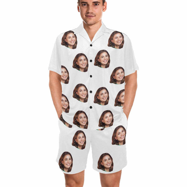 Personalized Pajamas Loungewear Custom Face White Men's V-Neck Short Pajama Set