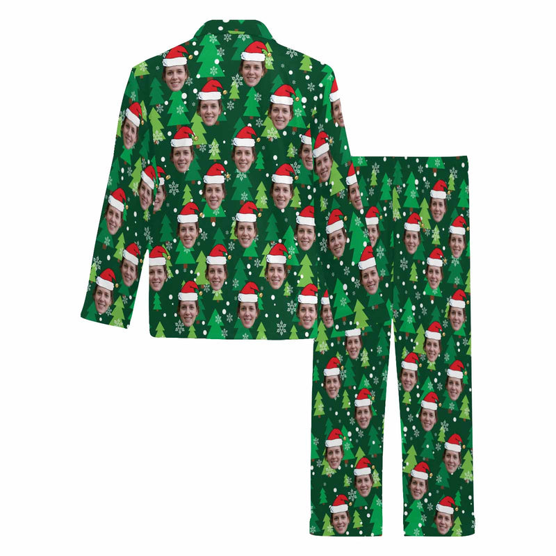 Custom Face Pajamas Christmas Tree Green Sleepwear Personalized Men's Long Pajama Set