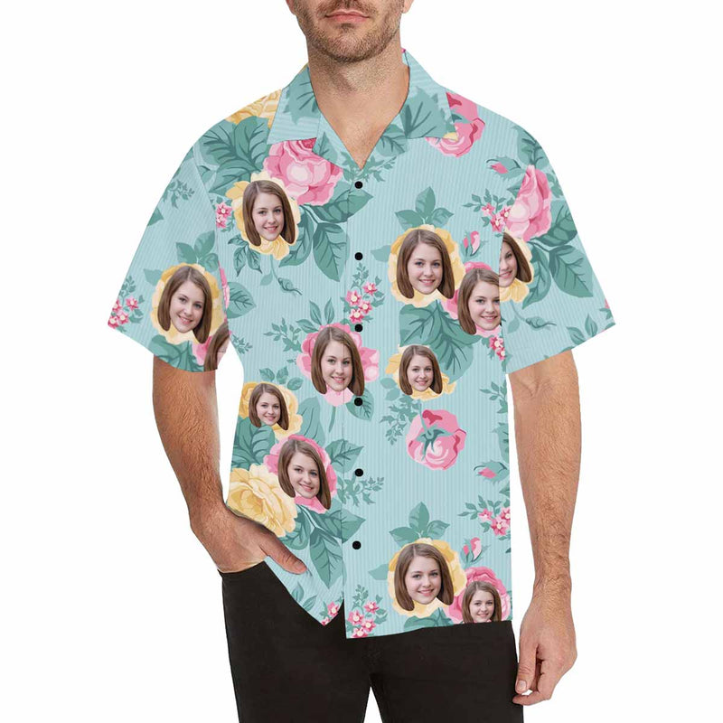 Custom Face Pink Flower Blue Men's All Over Print Hawaiian Shirt