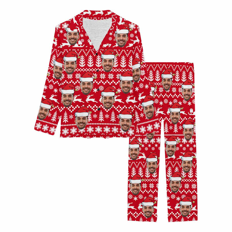 Custom Face Pajamas White Tree&Elk Red Sleepwear Personalized Women's Long Pajama Set