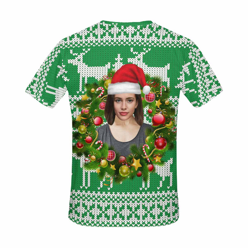 Custom Face Green Christmas Wreath Tee Put Your Photo on Shirt Unique Design Men's All Over Print T-shirt